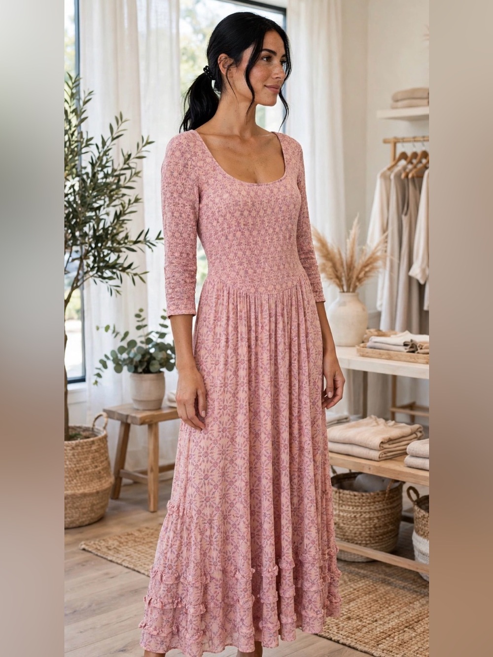 Free People Pink Floral Scoop Neck Dress Ruffle Hem Maxi Dress Size Medium